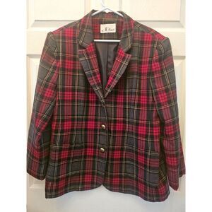 VTG N Touch WOOL Blazer Dress Suit Jacket Red Black Tartan Plaid Women Sz 14 USA